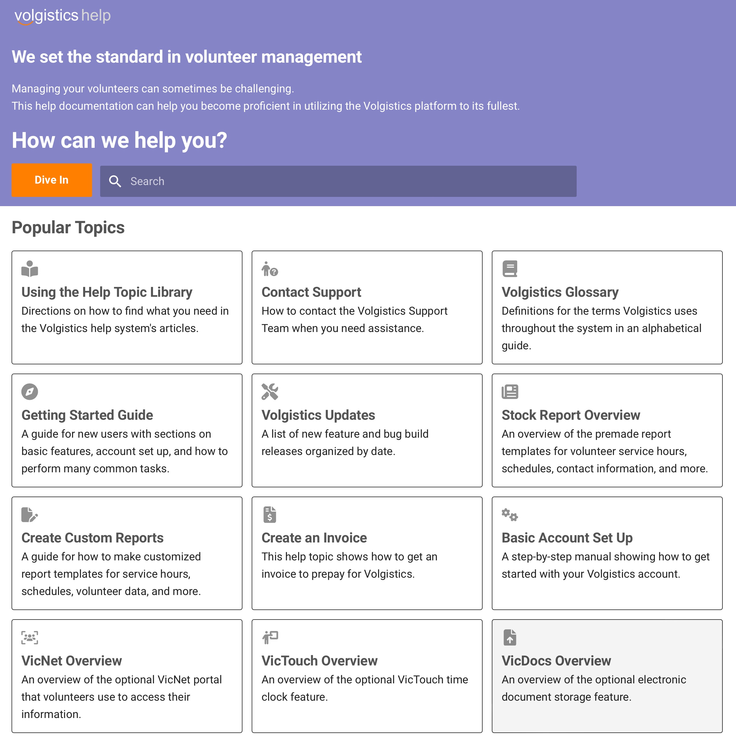 Screenshot of Volgistics Help Docs